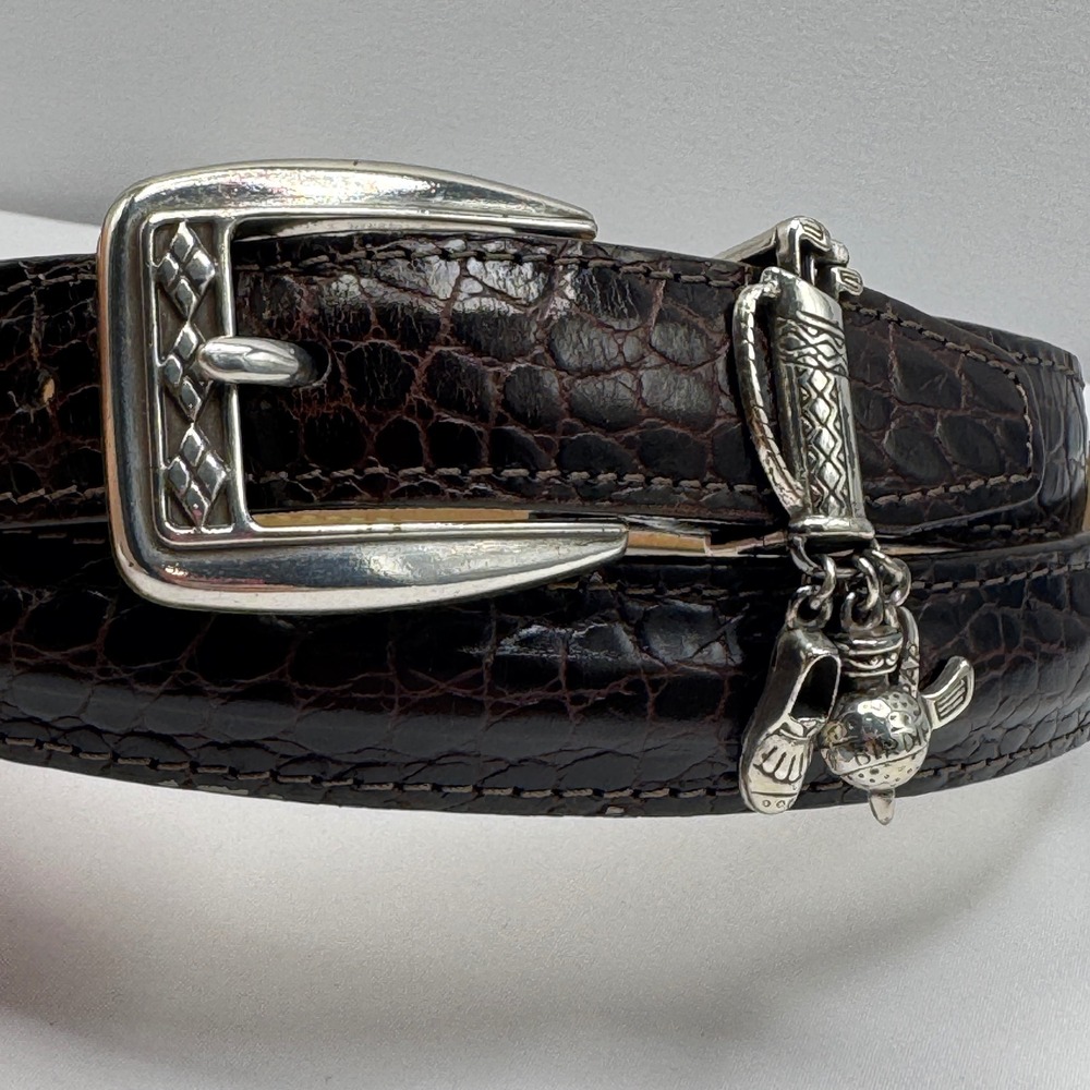 Brighton Dark Brown Crocodile Embossed Leather Belt Golf Charms Silver Buckle 36